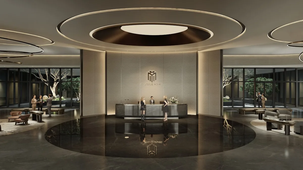 Modern hotel lobby with reception desk and seating areas