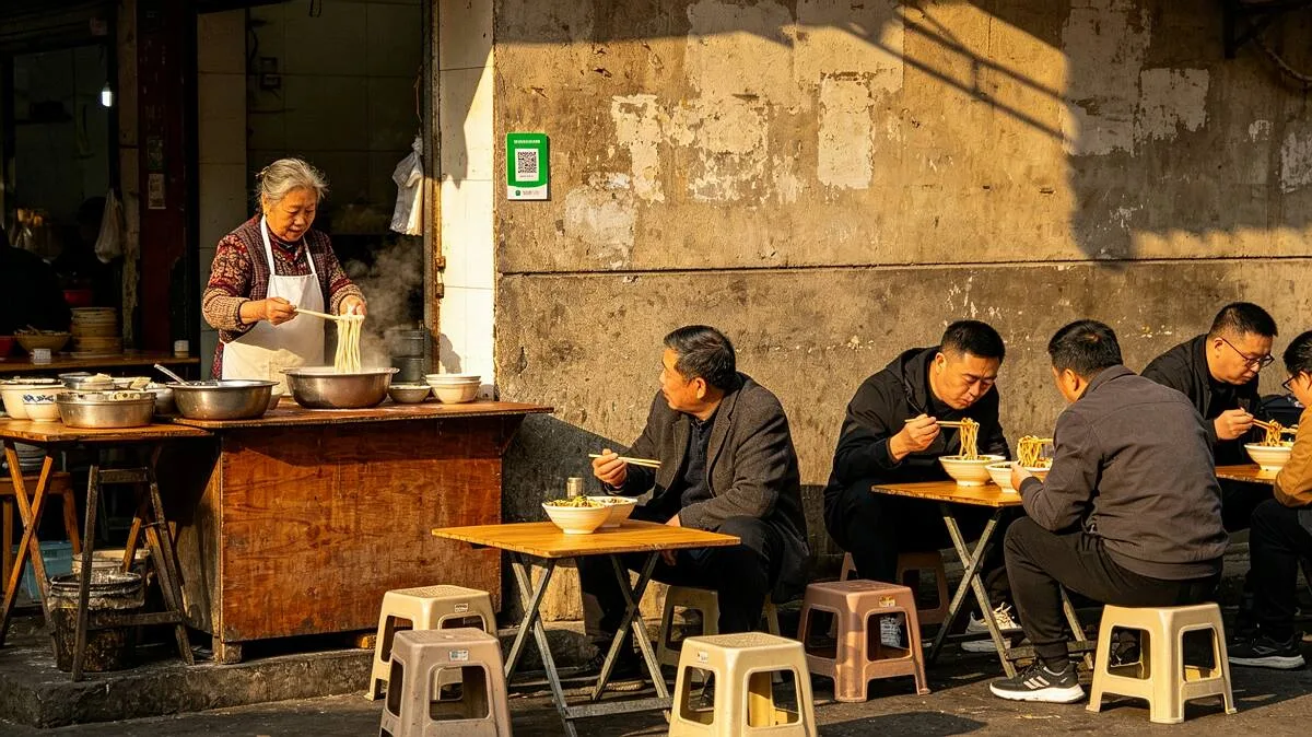 A street noodle stall with a green WeChat QR code — the only payment option at many small-town eateries