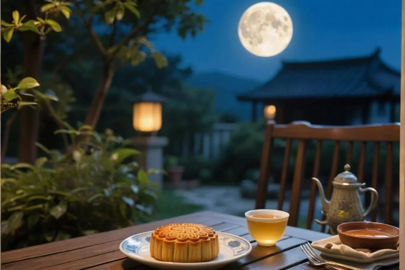 Pasteles de luna tradicionales chinos con té sobre una mesa de madera