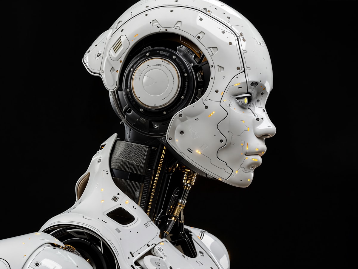 A white humanoid robot standing in front of a black background — China's AI future