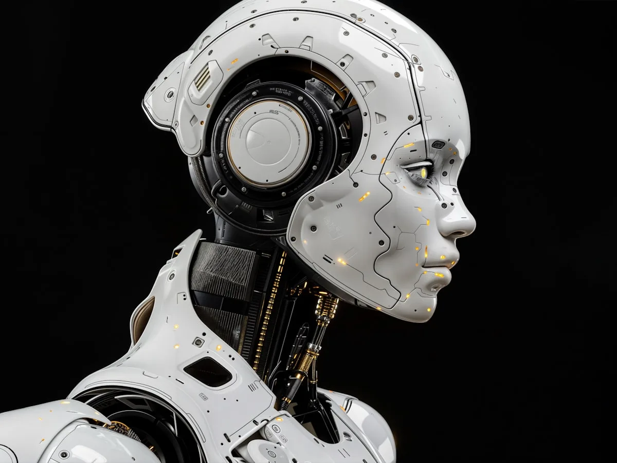 A white humanoid robot standing in front of a black background — China's AI future