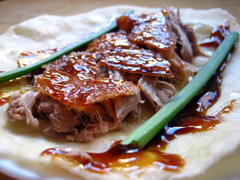 Um wrap de pato laqueado com cebolinha e molho (Foto: joyosity via Wikimedia Commons)