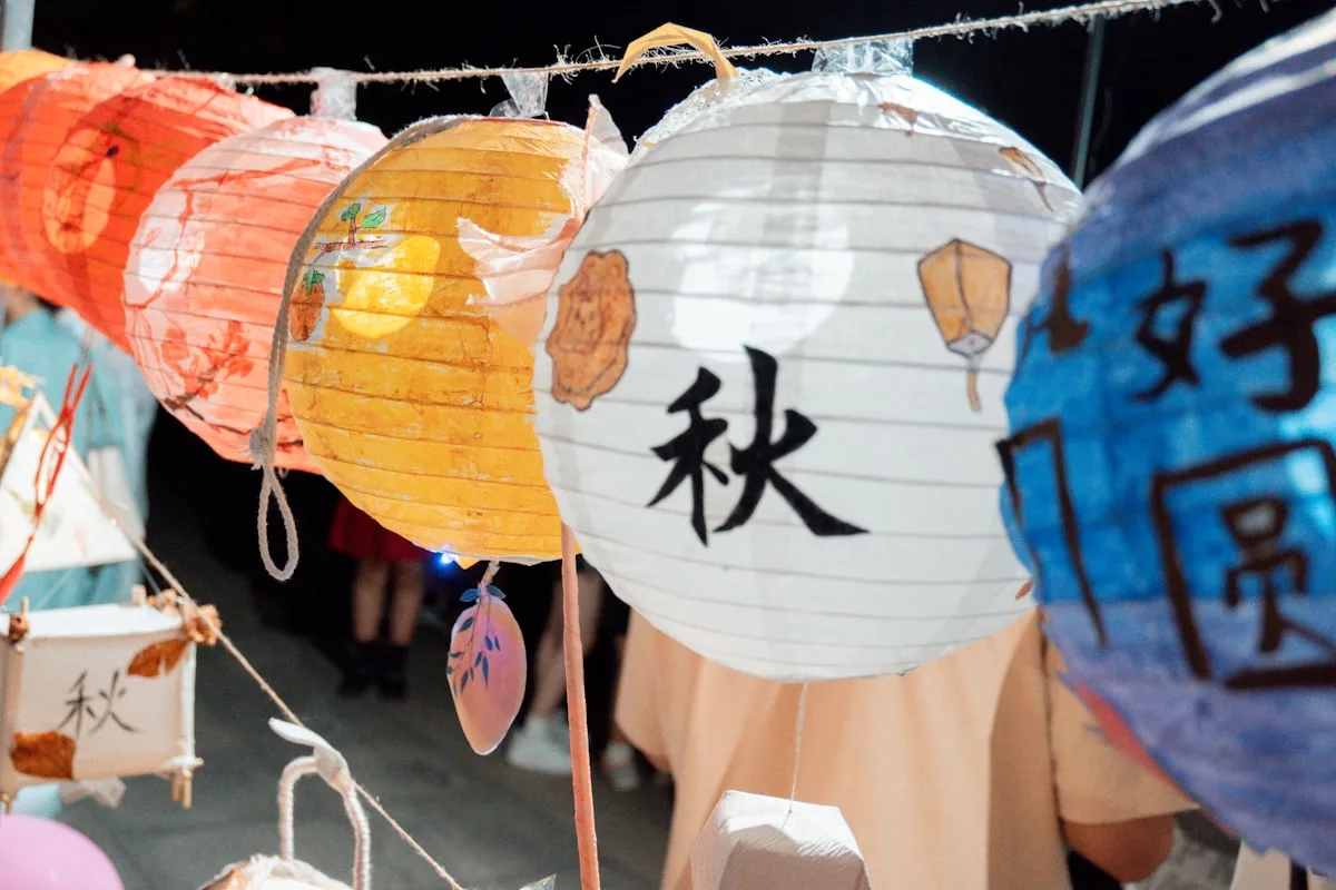 Glowing Chinese paper lanterns decorated with painted patterns hanging above a night crowd during Mid-Autumn