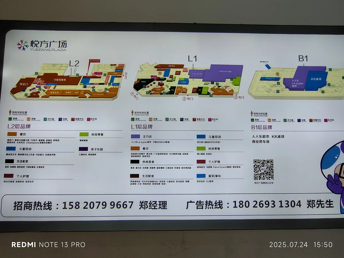 A floor directory board in a Shenzhen shopping mall listing B1, L1 and L2, with B1 given over to a supermarket, billiards and parking, L1 to anchor stores and an IMAX cinema, and L2 to restaurants and children's classes (Photo: HOISAIWIM TUNGWAH via Wikimedia Commons)