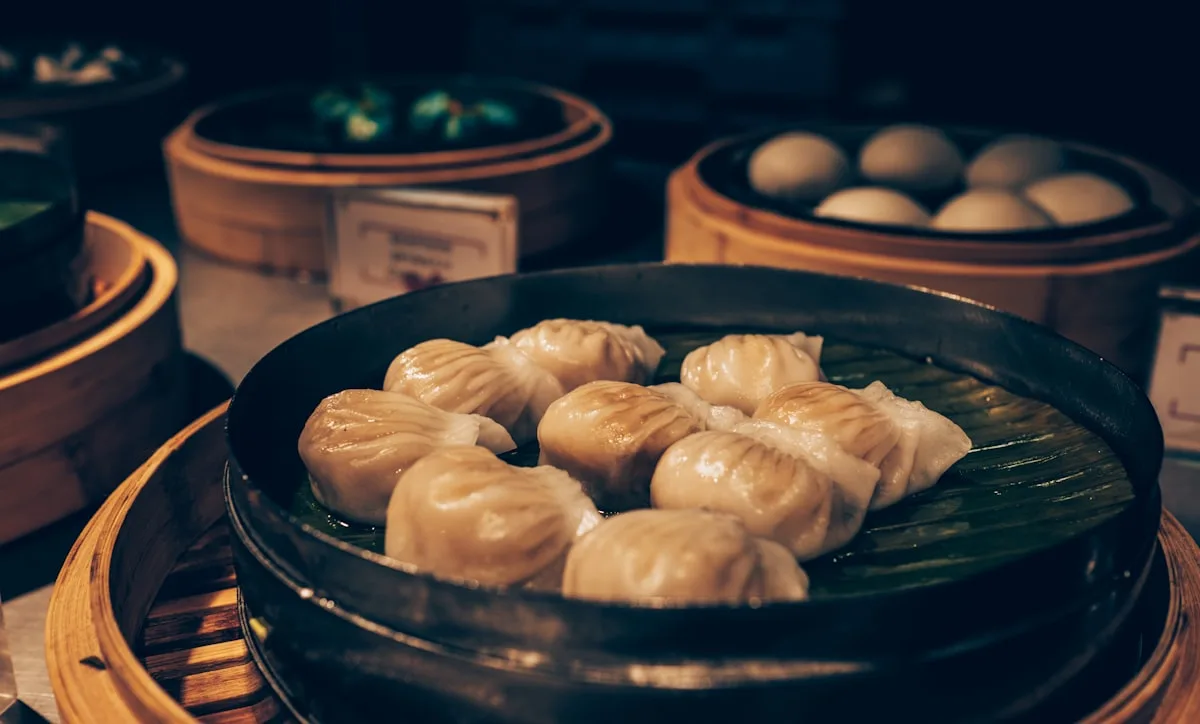 Steamer baskets of xiaolongbao and other dim sum in a Chinese restaurant