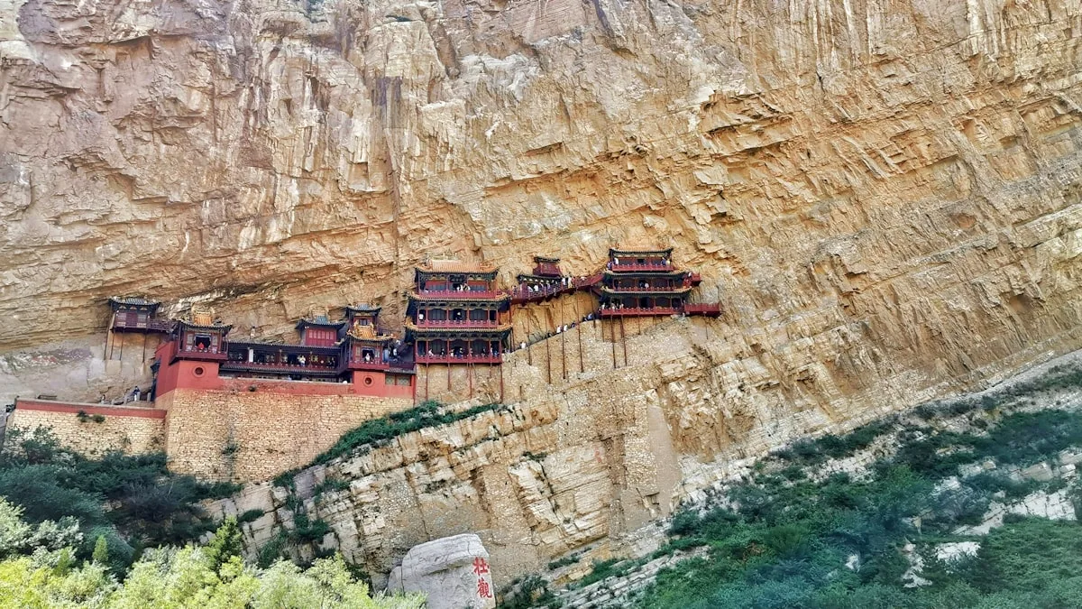 The Hanging Temple (Xuankong Si) wedged into a cliff face near Datong, a wooden monastery suspended above the valley