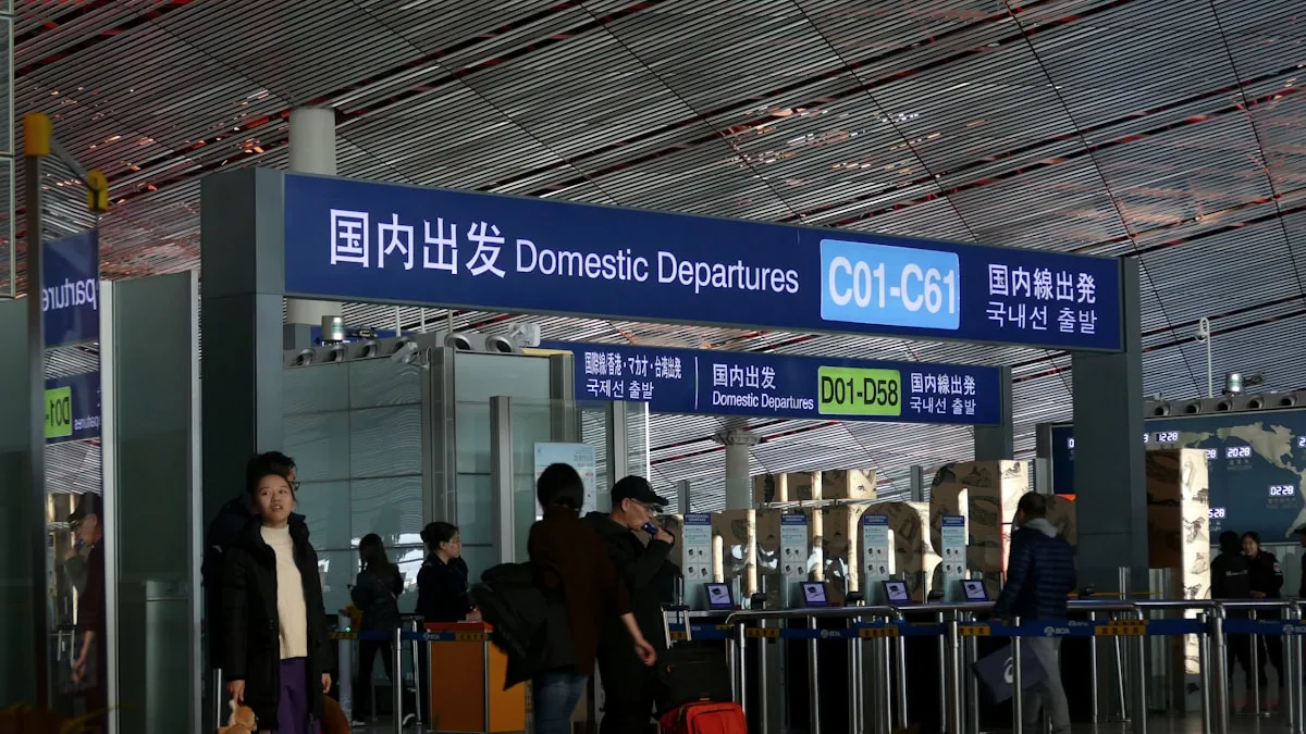 Passengers queuing inside a Chinese airport terminal