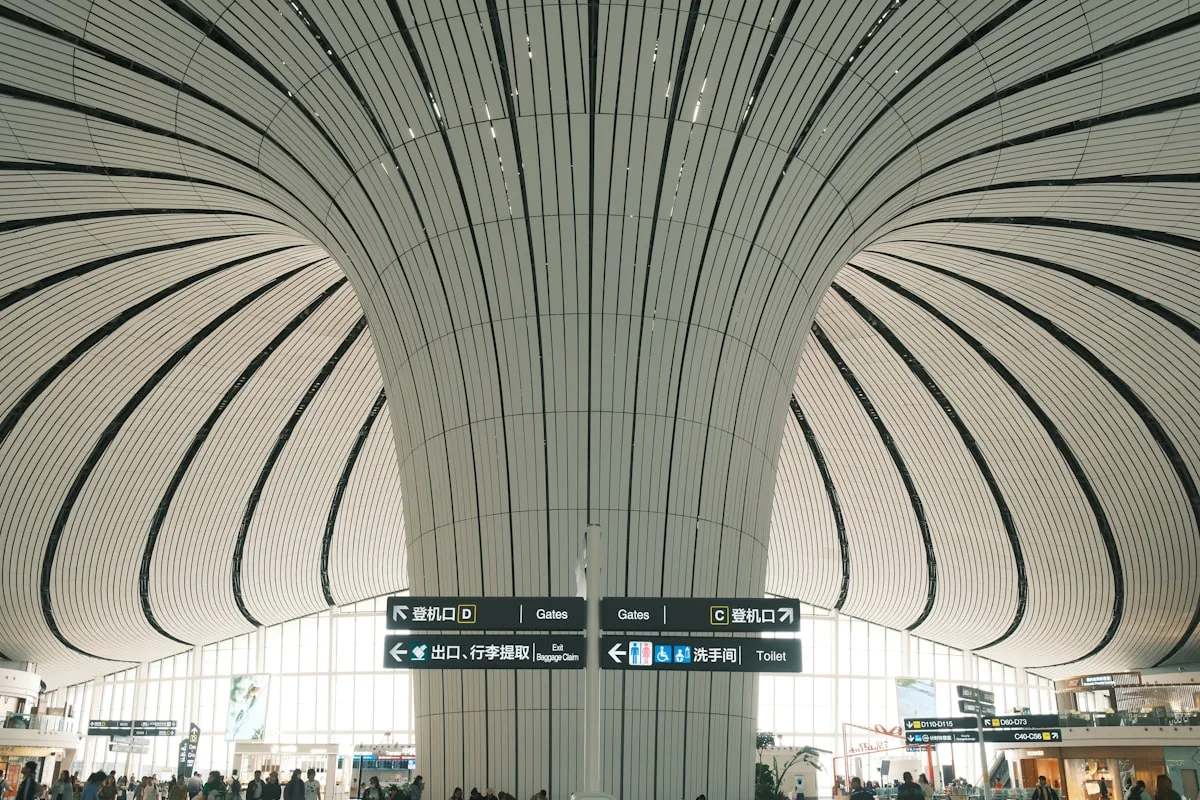 The soaring curved roof and wayfinding signs inside Beijing Daxing airport's terminal