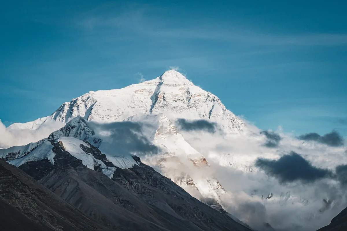 Snow-capped Himalayan peaks in Tibet rising above a sea of clouds