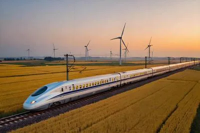China high-speed train crossing wheat fields on a plain