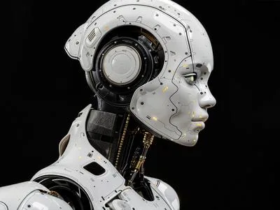 A white humanoid robot standing in front of a black background — China's AI future