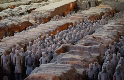 Rows of Terracotta Warriors at the UNESCO World Heritage site in Xi'an, China