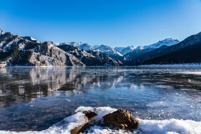 Frozen Tianchi lake in the Tianshan mountains of Xinjiang