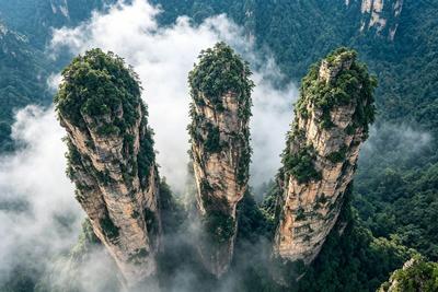 Avatar Hallelujah Mountain — towering quartz-sandstone pillars rising through mist in Zhangjiajie National Forest Park